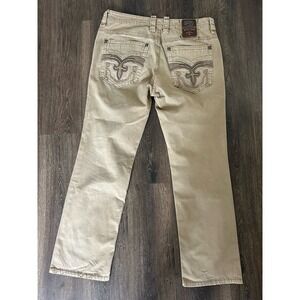 Vintage Y2K Rock Revival Pants Mens Sz 36 Khaki Garrie Straight Leg Embroidered